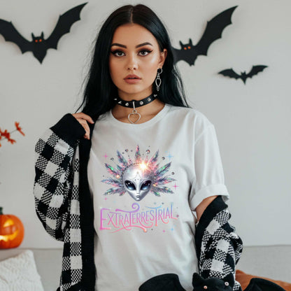 Calling all celestial divas—this Extraterrestrial alien graphic tee is giving big space energy and intergalactic glam. Featuring a radiant alien queen with jeweled head bling, pastel feathers, and more attitude than a Mercury in retrograde meltdown, this shirt is perfect for Halloween, sci-fi fans, and anyone who knows they weren’t meant for Earth’s nonsense. 