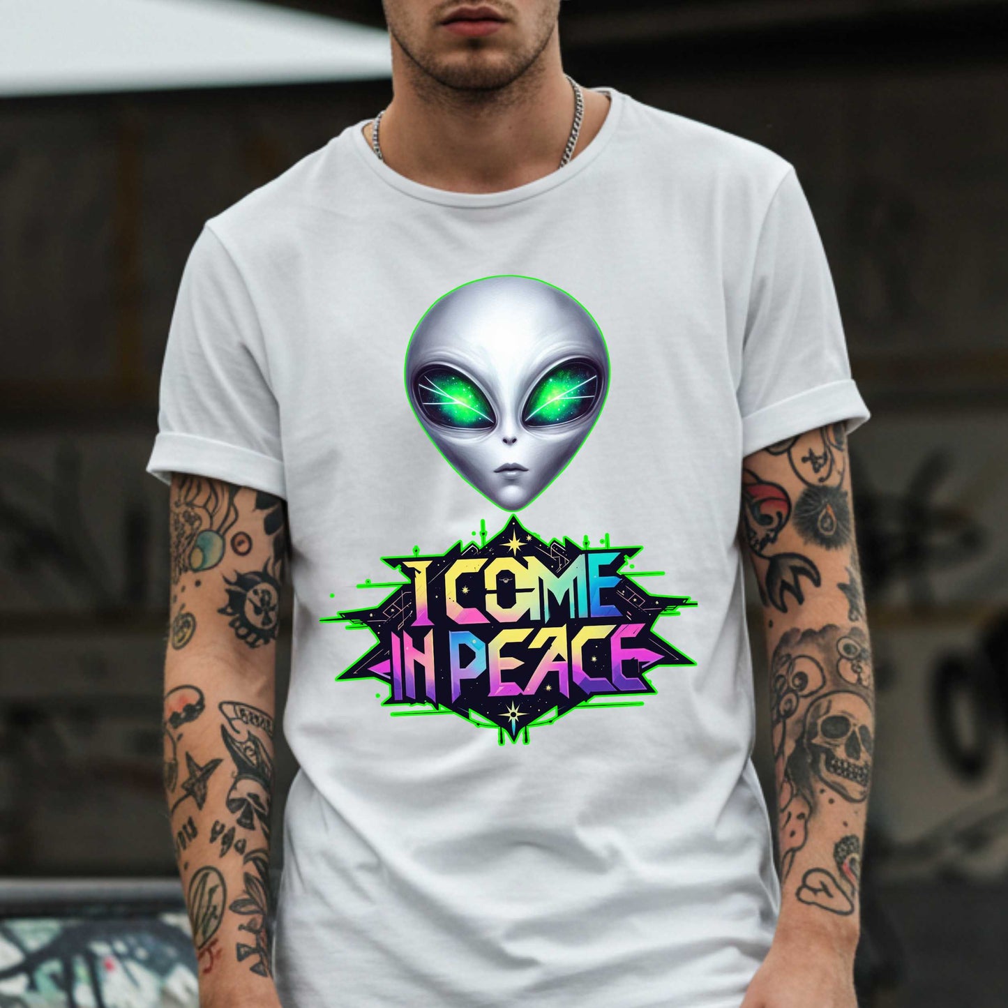 Featuring a bold neon design and a suspiciously calm extraterrestrial with “I’m just here for the snacks” energy. Ideal for conspiracy theorists, space nerds, or anyone whose mood is permanently “otherworldly.” Wear it to Area 51, Comic-Con, or just your local grocery store when you're this close to abducting humanity for a vibe check.&nbsp;