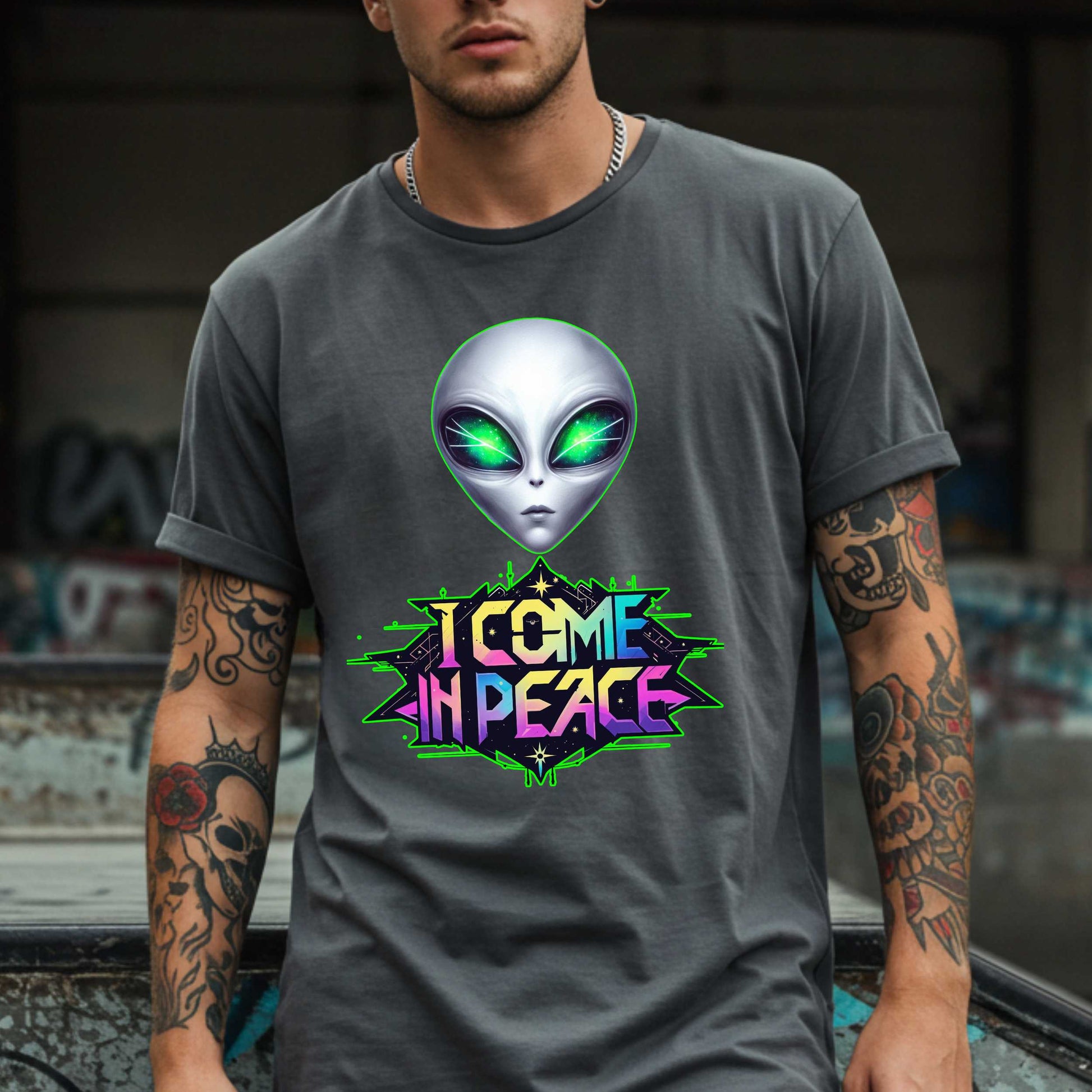 Featuring a bold neon design and a suspiciously calm extraterrestrial with “I’m just here for the snacks” energy. Ideal for conspiracy theorists, space nerds, or anyone whose mood is permanently “otherworldly.” Wear it to Area 51, Comic-Con, or just your local grocery store when you're this close to abducting humanity for a vibe check.&nbsp;