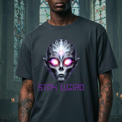 This Stay Weird alien shirt is for the cosmic misfits, the night-dwellers, and the ones who don’t just embrace their weirdness—they glorify it. Featuring a hauntingly detailed alien face with glowing eyes and third-eye vibes, this tee is equal parts spooky, surreal, and unapologetically bold.