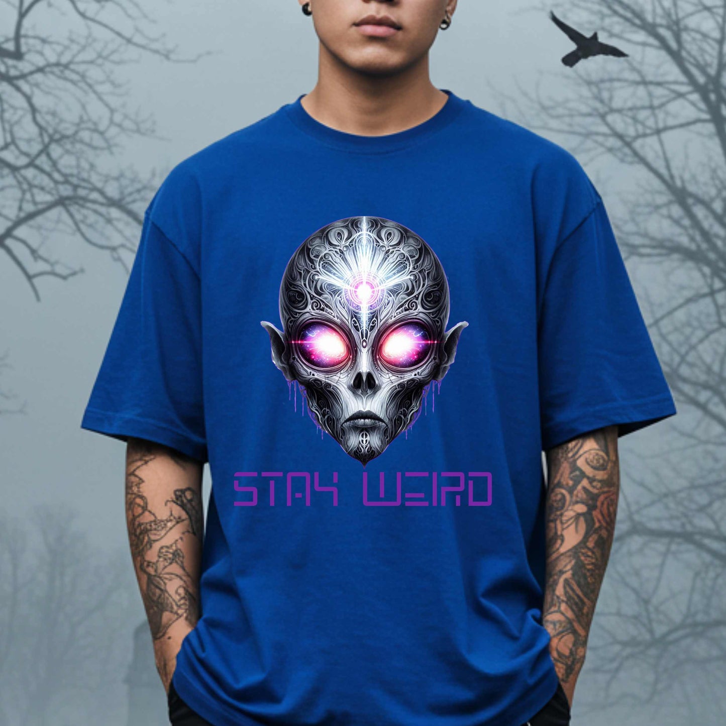This Stay Weird alien shirt is for the cosmic misfits, the night-dwellers, and the ones who don’t just embrace their weirdness—they glorify it. Featuring a hauntingly detailed alien face with glowing eyes and third-eye vibes, this tee is equal parts spooky, surreal, and unapologetically bold.