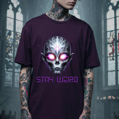 This Stay Weird alien shirt is for the cosmic misfits, the night-dwellers, and the ones who don’t just embrace their weirdness—they glorify it. Featuring a hauntingly detailed alien face with glowing eyes and third-eye vibes, this tee is equal parts spooky, surreal, and unapologetically bold.