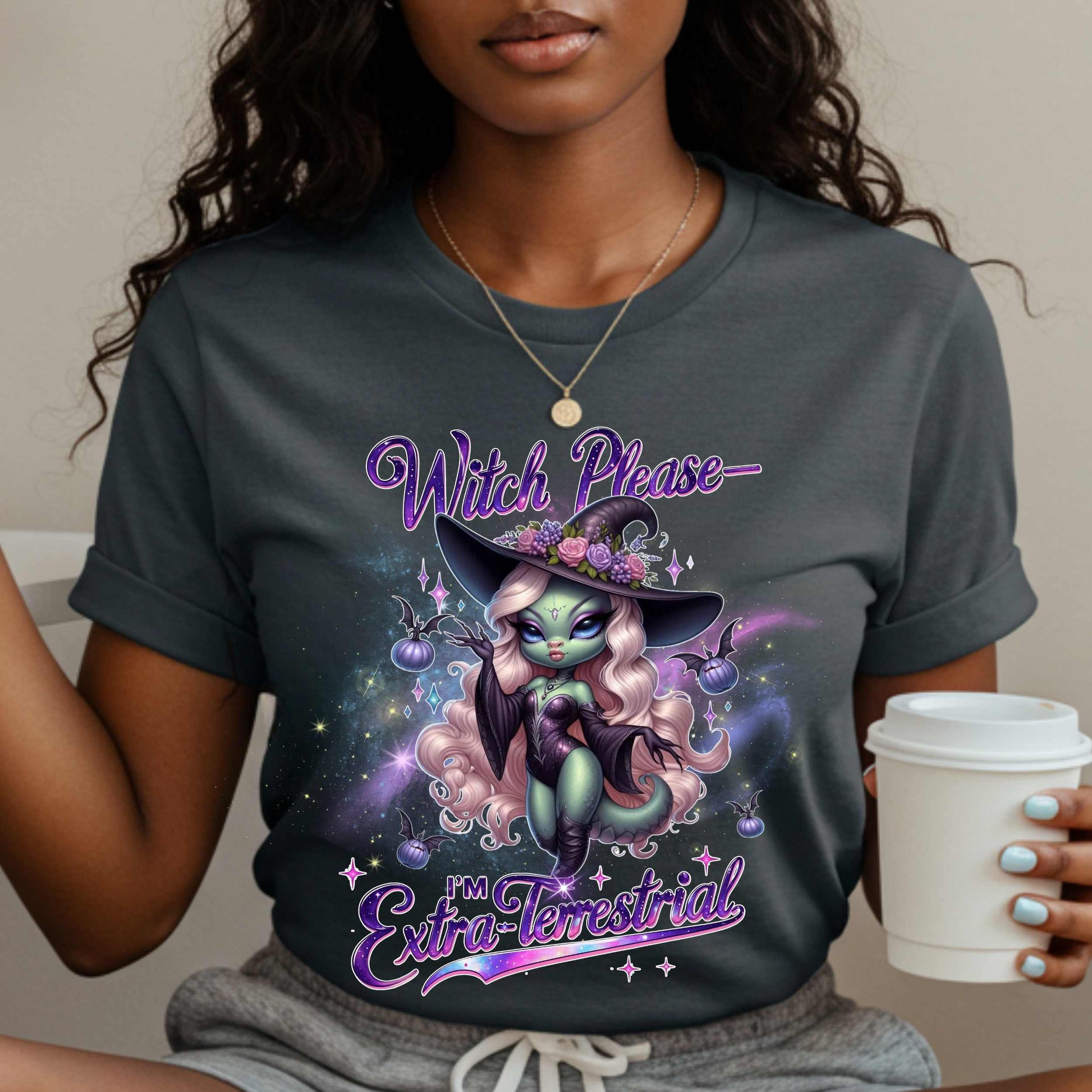 Funny alien witch Halloween shirt with “Witch Please, I’m Extra-Terrestrial” for women who are out of this world and fully over Earth people. Featuring a glam galaxy babe in witch gear, this tee brings spooky sarcasm, space vibes, and a whole lot of sass. 
