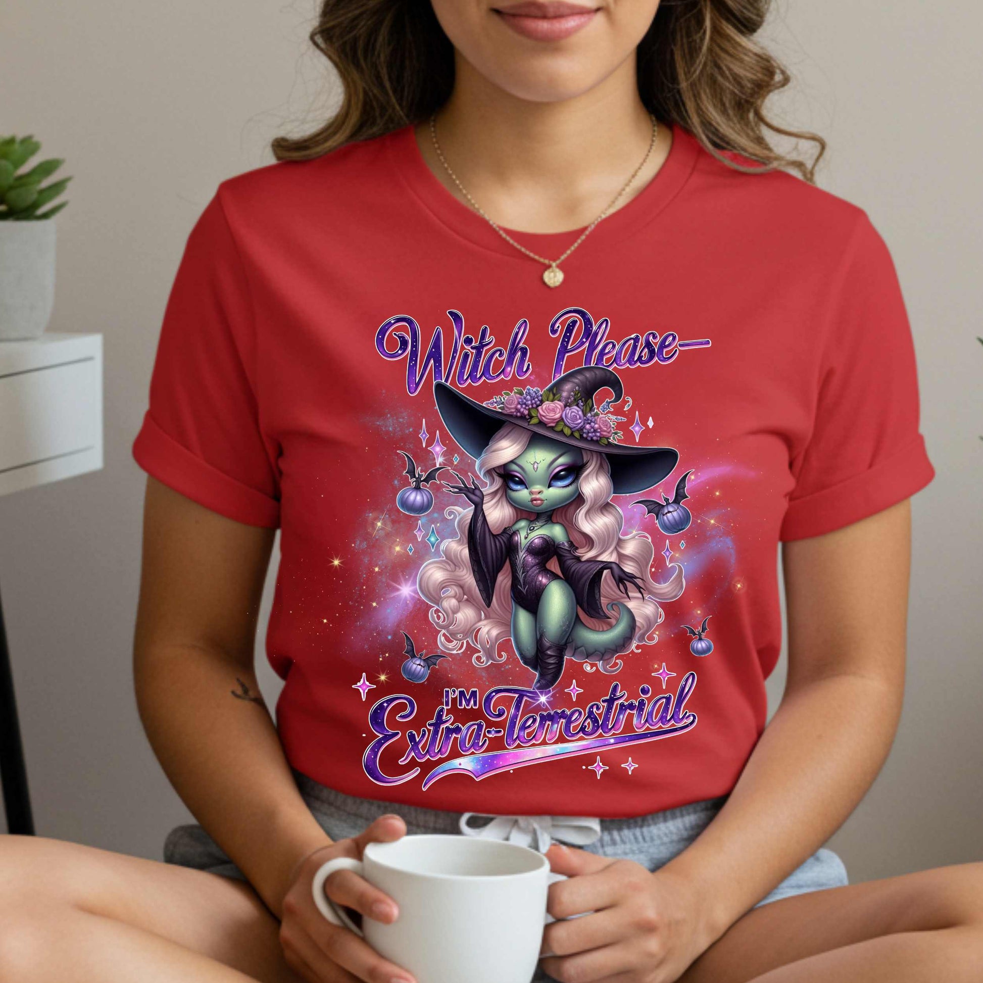 Funny alien witch Halloween shirt with “Witch Please, I’m Extra-Terrestrial” for women who are out of this world and fully over Earth people. Featuring a glam galaxy babe in witch gear, this tee brings spooky sarcasm, space vibes, and a whole lot of sass. 