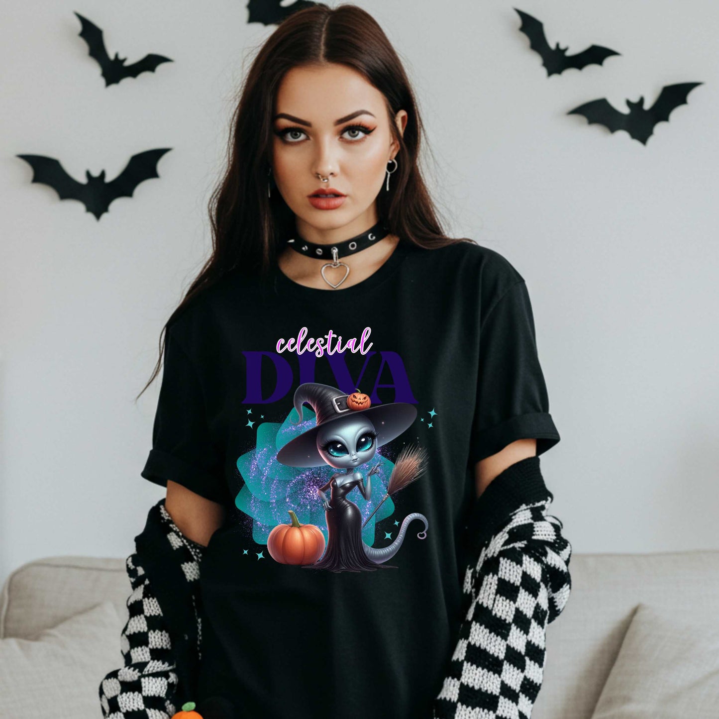 Celestial diva alien witch shirt for women who bring intergalactic glam to spooky season. This Halloween tee is for the extraterrestrial icon who’s too sparkly for Earth and too fabulous for just one galaxy. With a broom in one hand and zero chill in the other, this sassy alien is ready to haunt in heels. Perfect for fall parties, pumpkin patches, or just existing fabulously.&nbsp;