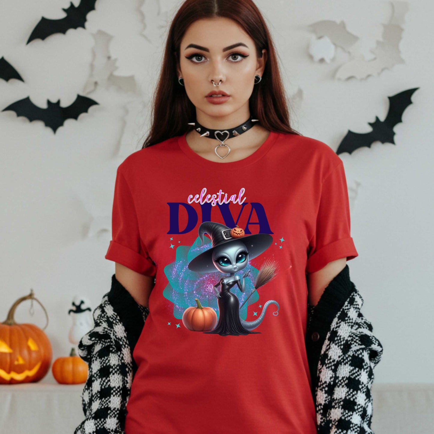 Celestial diva alien witch shirt for women who bring intergalactic glam to spooky season. This Halloween tee is for the extraterrestrial icon who’s too sparkly for Earth and too fabulous for just one galaxy. With a broom in one hand and zero chill in the other, this sassy alien is ready to haunt in heels. Perfect for fall parties, pumpkin patches, or just existing fabulously.&nbsp;