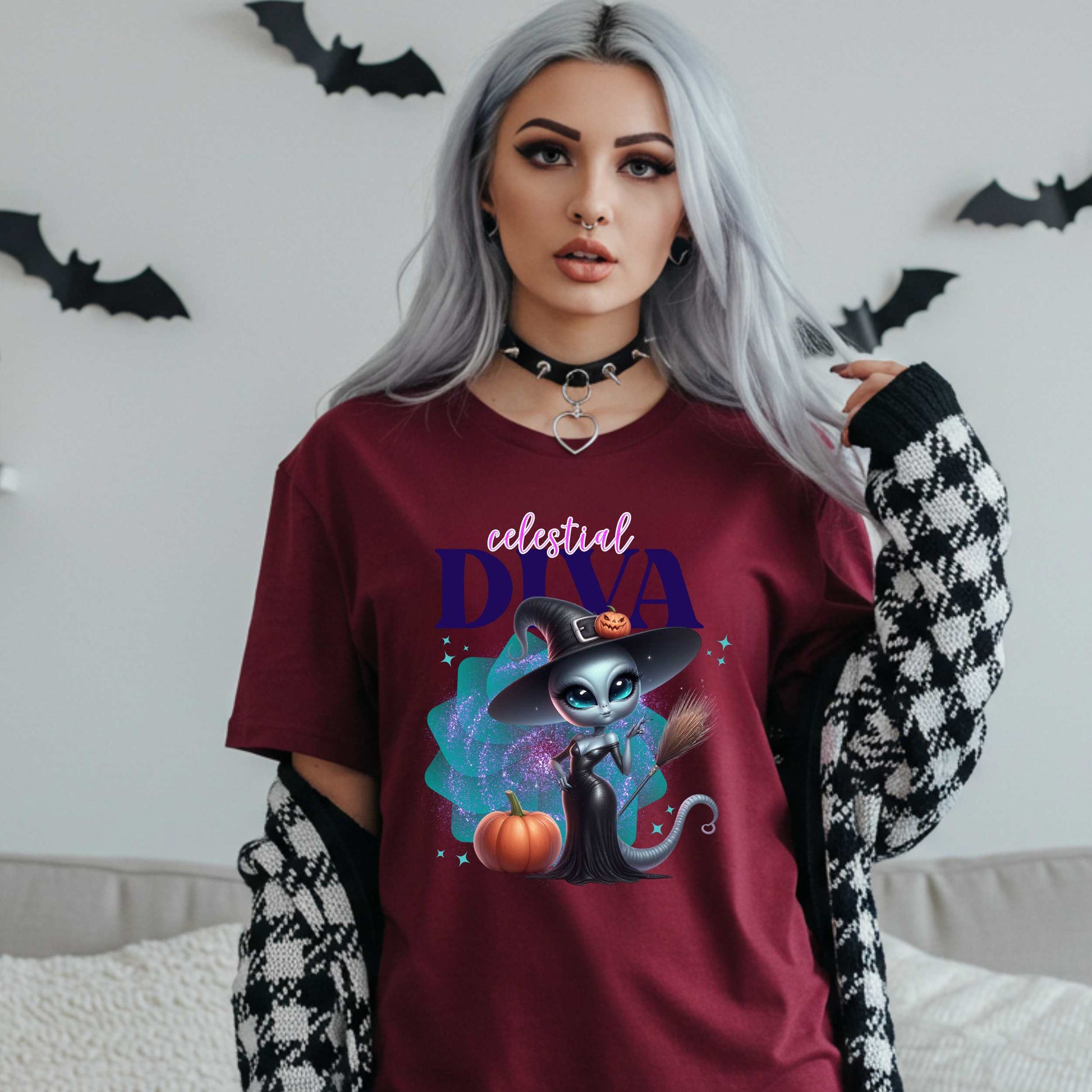 Celestial diva alien witch shirt for women who bring intergalactic glam to spooky season. This Halloween tee is for the extraterrestrial icon who’s too sparkly for Earth and too fabulous for just one galaxy. With a broom in one hand and zero chill in the other, this sassy alien is ready to haunt in heels. Perfect for fall parties, pumpkin patches, or just existing fabulously.&nbsp;