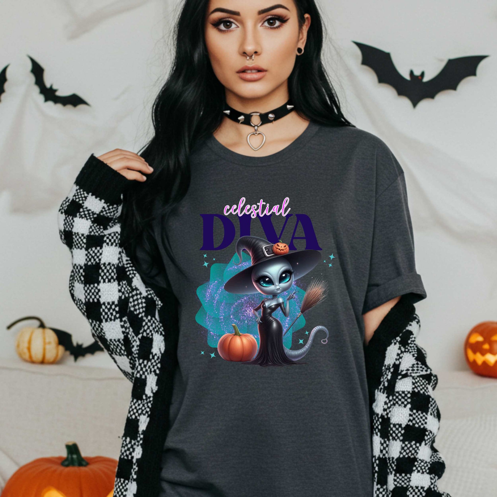 Celestial diva alien witch shirt for women who bring intergalactic glam to spooky season. This Halloween tee is for the extraterrestrial icon who’s too sparkly for Earth and too fabulous for just one galaxy. With a broom in one hand and zero chill in the other, this sassy alien is ready to haunt in heels. Perfect for fall parties, pumpkin patches, or just existing fabulously.&nbsp;