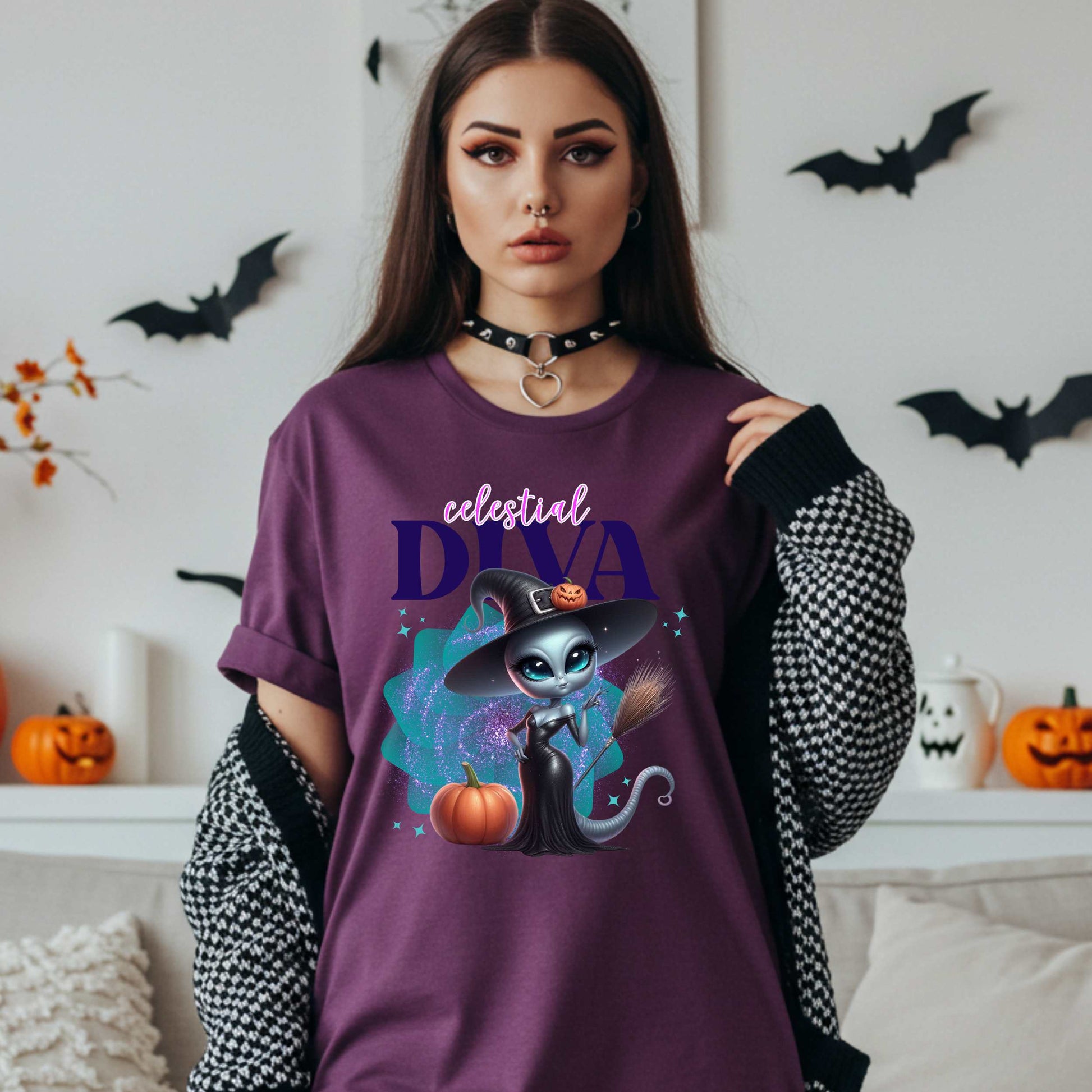 Celestial diva alien witch shirt for women who bring intergalactic glam to spooky season. This Halloween tee is for the extraterrestrial icon who’s too sparkly for Earth and too fabulous for just one galaxy. With a broom in one hand and zero chill in the other, this sassy alien is ready to haunt in heels. Perfect for fall parties, pumpkin patches, or just existing fabulously.&nbsp;