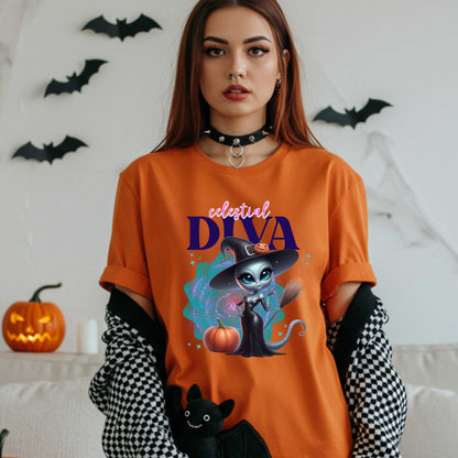 Celestial diva alien witch shirt for women who bring intergalactic glam to spooky season. This Halloween tee is for the extraterrestrial icon who’s too sparkly for Earth and too fabulous for just one galaxy. With a broom in one hand and zero chill in the other, this sassy alien is ready to haunt in heels. Perfect for fall parties, pumpkin patches, or just existing fabulously.&nbsp;