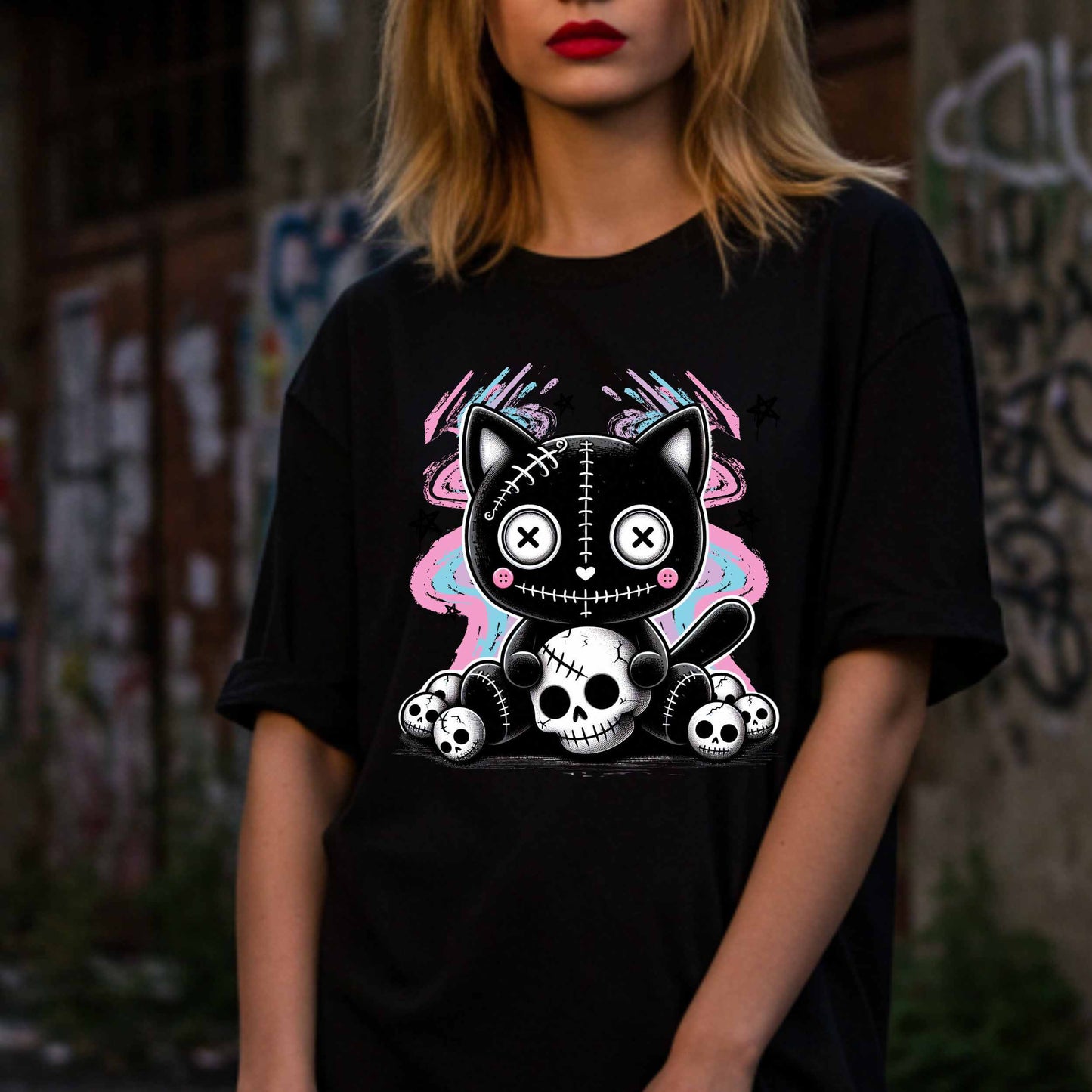 This pastel goth cat Halloween shirt is what happens when adorable meets unhinged. Featuring a stitched-up button-eyed kitten chillin’ on a throne of skulls like it's just another Tuesday, this tee is made for the spooky soul with a soft side (and a slightly murderous glare). Wear it to haunt the streets or just vibe in your villain era—either way, it’s a look.&nbsp;