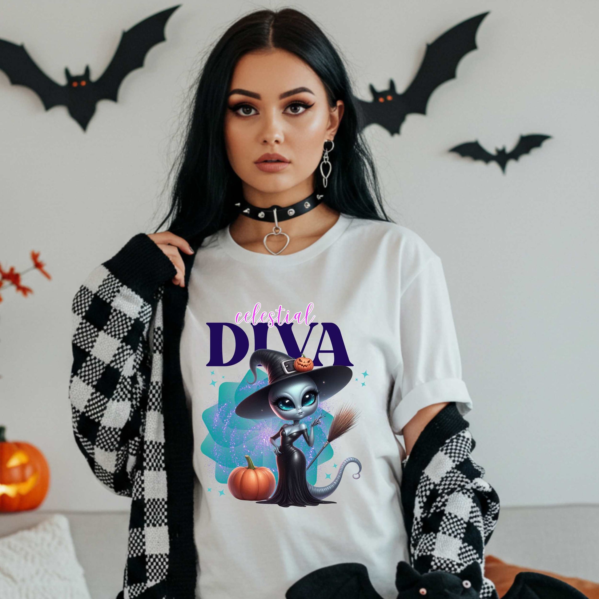 Celestial diva alien witch shirt for women who bring intergalactic glam to spooky season. This Halloween tee is for the extraterrestrial icon who’s too sparkly for Earth and too fabulous for just one galaxy. With a broom in one hand and zero chill in the other, this sassy alien is ready to haunt in heels. Perfect for fall parties, pumpkin patches, or just existing fabulously.