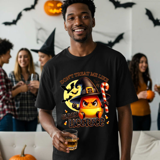 Funny Halloween shirt for men and women who know they’re sweet, spicy, and absolutely not to be treated like black licorice. This sarcastic spooky season t-shirt features an unbothered candy corn in full witchy rage mode, ready to snatch souls and hand out sass.