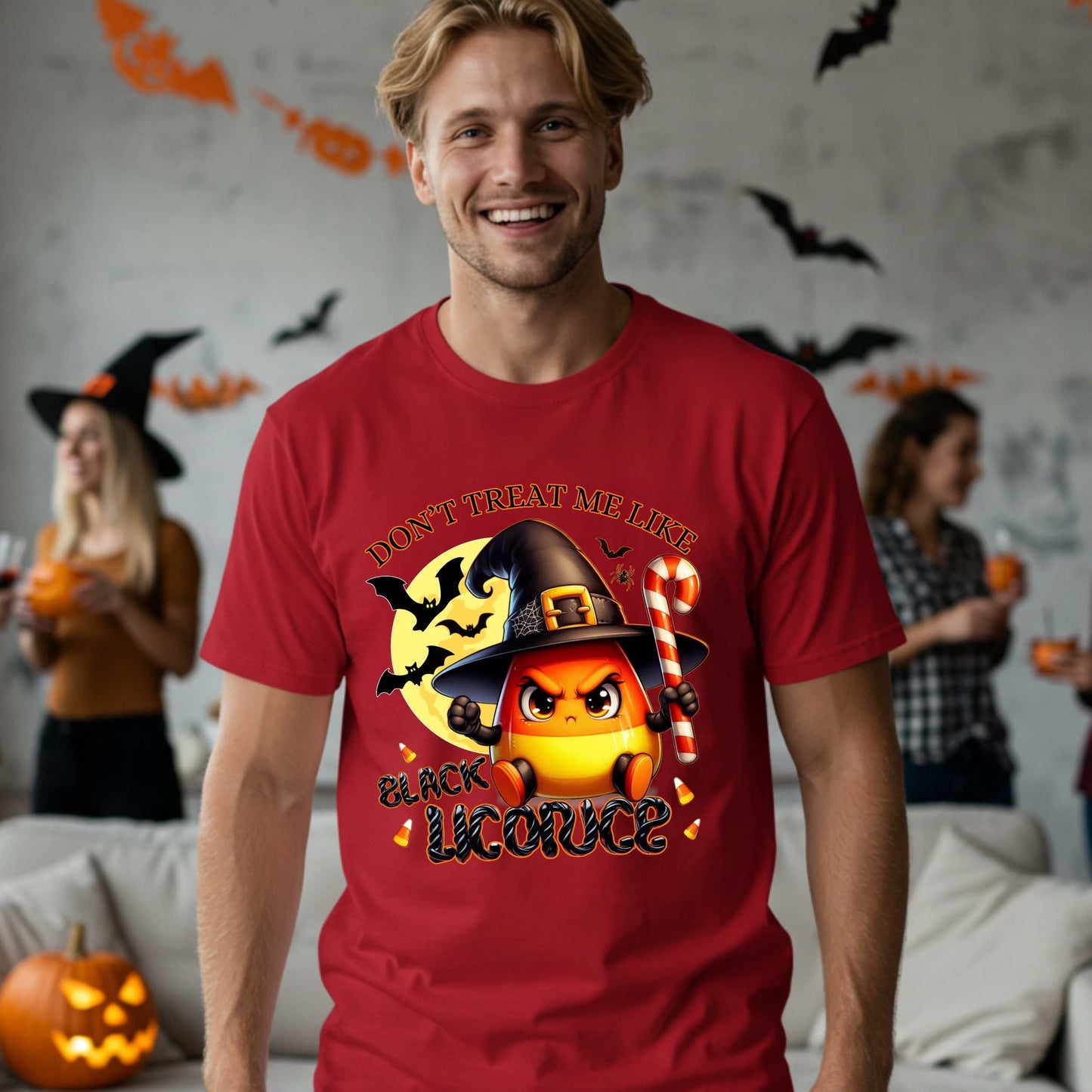 Funny Halloween shirt for men and women who know they’re sweet, spicy, and absolutely not to be treated like black licorice. This sarcastic spooky season t-shirt features an unbothered candy corn in full witchy rage mode, ready to snatch souls and hand out sass.
