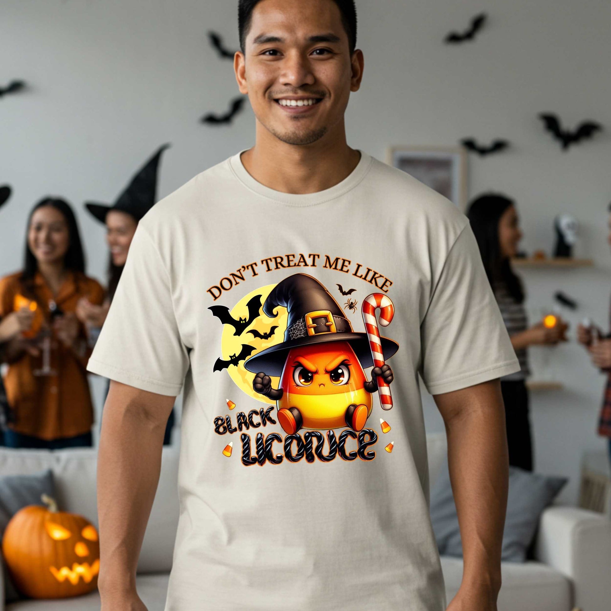 Funny Halloween shirt for men and women who know they’re sweet, spicy, and absolutely not to be treated like black licorice. This sarcastic spooky season t-shirt features an unbothered candy corn in full witchy rage mode, ready to snatch souls and hand out sass.