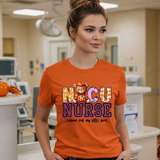 This Halloween, NICU nurses are bringing the boo to the bedside—one tiny patient at a time! Our "Caring for My Little Boos" tee is the perfect mix of spooky-season spirit and sweet NICU pride. Featuring an adorable pumpkin teddy and candy-cute design, this shirt is for the real heroes who handle the tiniest humans and the biggest heart-melting moments. 