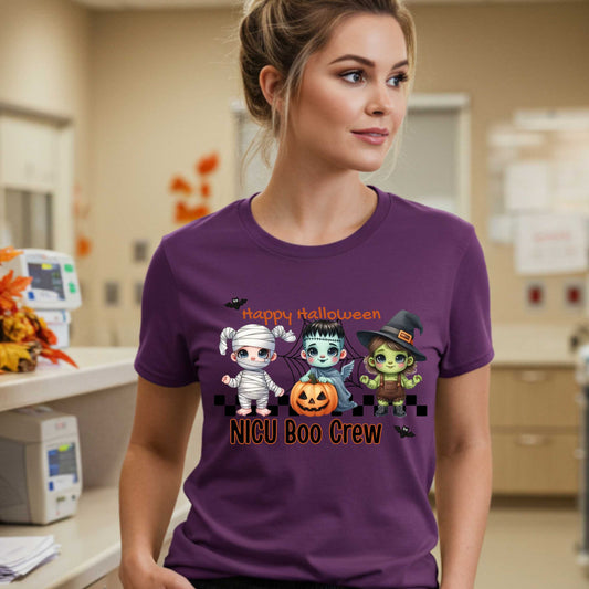 Calling all tiny patient protectors and ghoulishly good caregivers—this one's for the NICU Boo Crew! Featuring the cutest baby-sized monsters you've ever seen, this Halloween shirt is perfect for nurses who know that saving lives takes both heart and humor. 