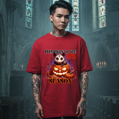 his shirt is for the spooky souls who prefer chaos over cinnamon and guts over glitter. Featuring a bug-eyed opossum with serial killer energy and a face full of pumpkin guts, this tee is perfect for anyone who thinks PSLs are for basic witches and wants to haunt fall fashion in the most unhinged way possible.