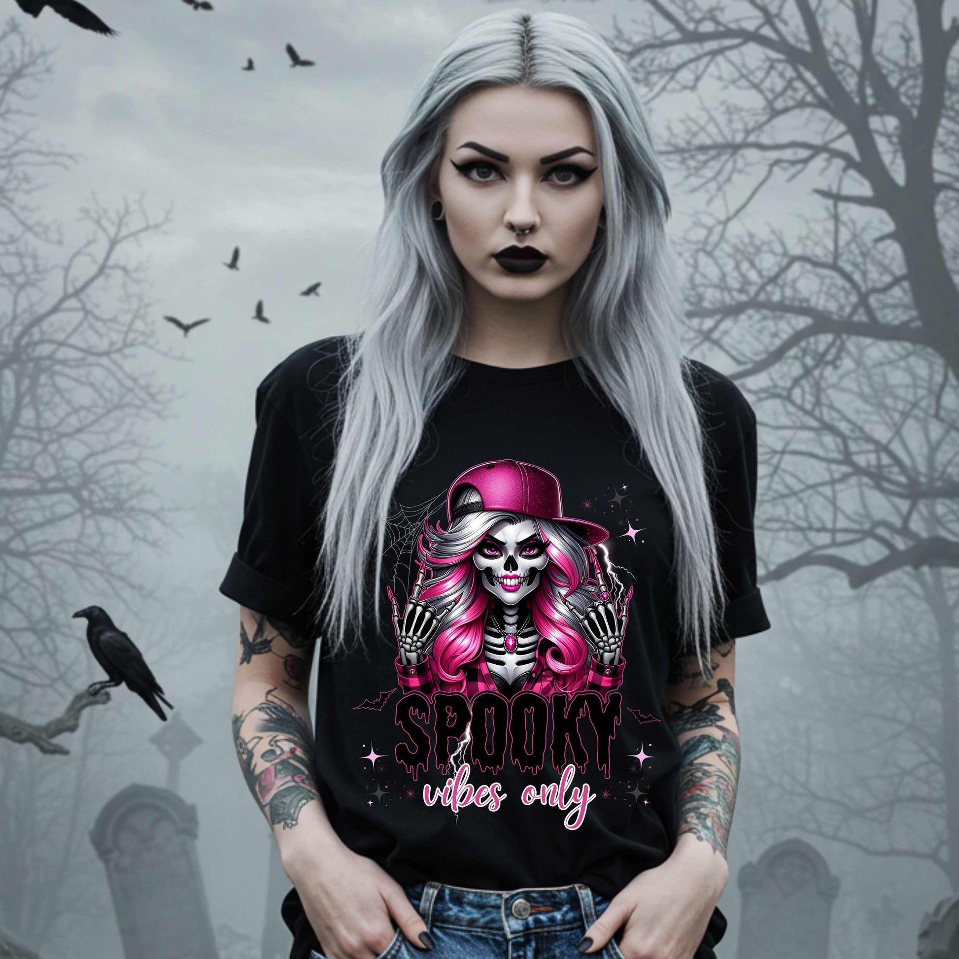  This Spooky Vibes Only tee is the perfect blend of glam and goth, featuring a pink-haired skeleton baddie with nails sharp enough to slash a pumpkin and a hat tilted like she’s haunting the runway. This shirt is for the ghouls who don’t do basic. 