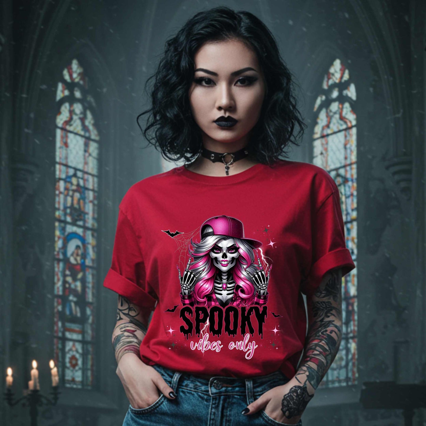  This Spooky Vibes Only tee is the perfect blend of glam and goth, featuring a pink-haired skeleton baddie with nails sharp enough to slash a pumpkin and a hat tilted like she’s haunting the runway. This shirt is for the ghouls who don’t do basic. 