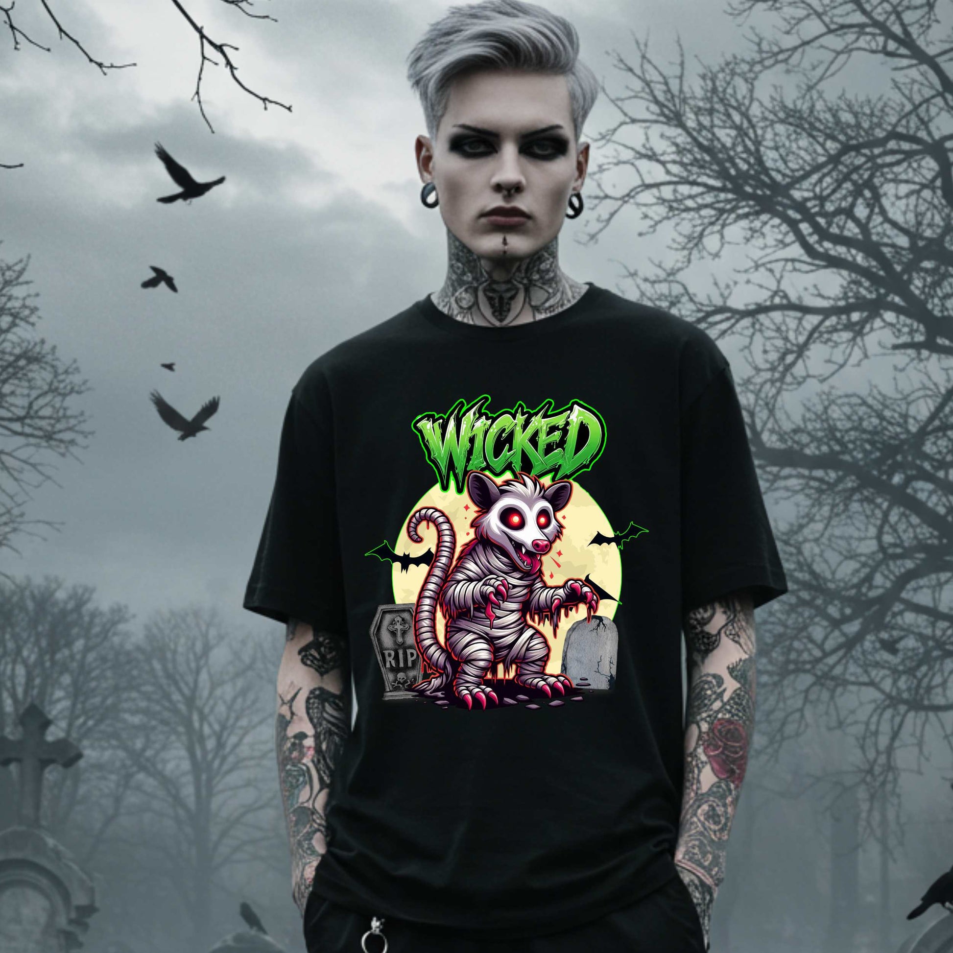 This unisex Wicked Opossum tee brings the perfect mix of spooky and unhinged. Great for horror fans, goth goblins, and anyone who appreciates a lil’ chaos with their candy corn.