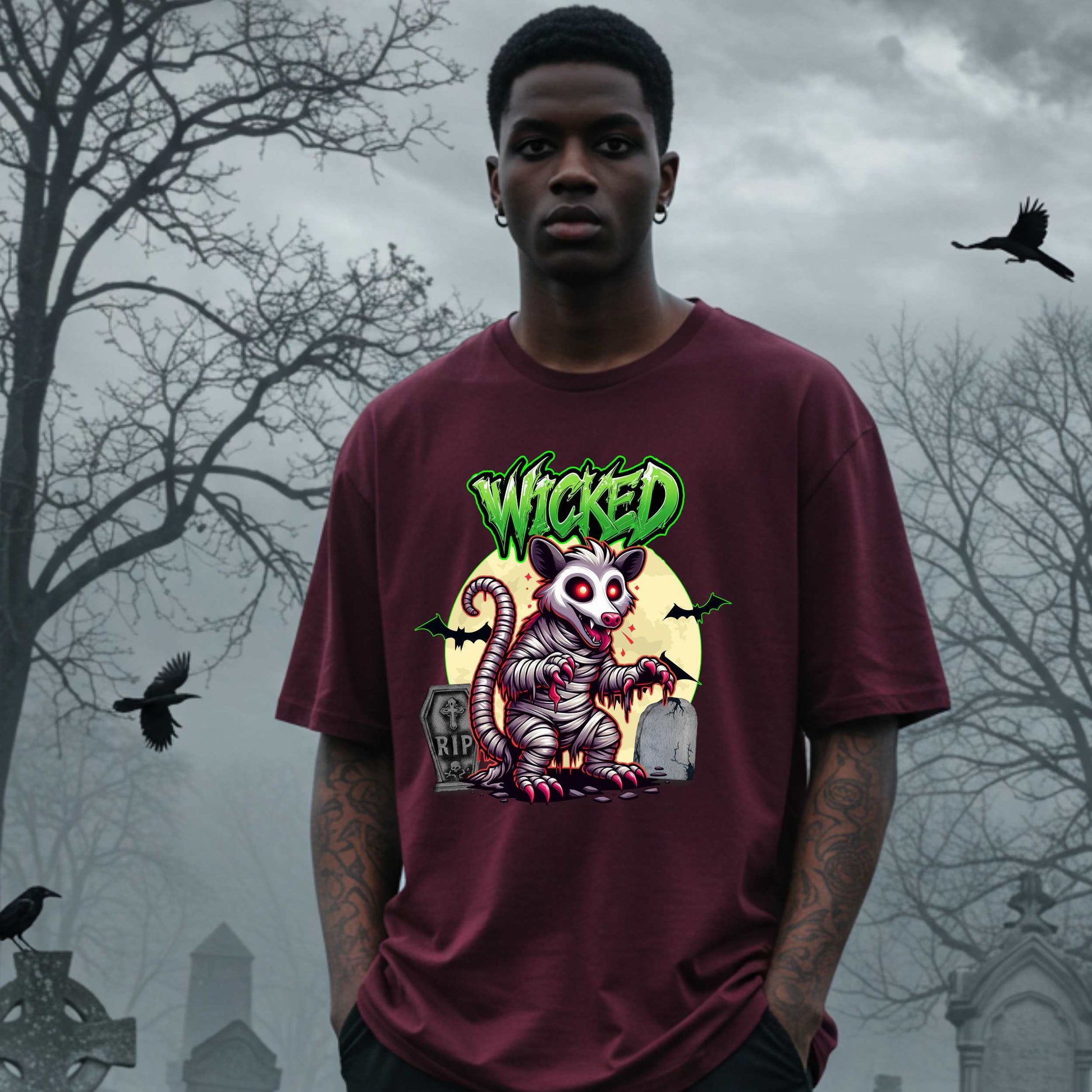 This unisex Wicked Opossum tee brings the perfect mix of spooky and unhinged. Great for horror fans, goth goblins, and anyone who appreciates a lil’ chaos with their candy corn.