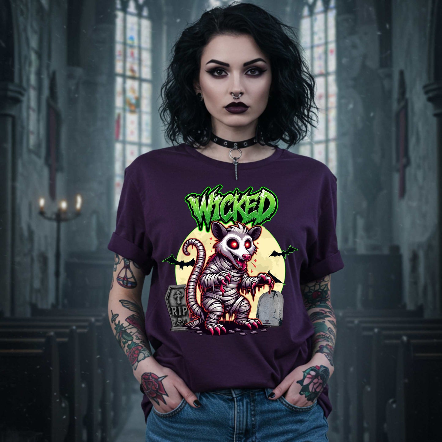 This unisex Wicked Opossum tee brings the perfect mix of spooky and unhinged. Great for horror fans, goth goblins, and anyone who appreciates a lil’ chaos with their candy corn.
