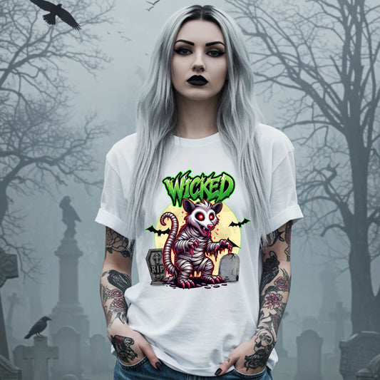 This unisex Wicked Opossum tee brings the perfect mix of spooky and unhinged. Great for horror fans, goth goblins, and anyone who appreciates a lil’ chaos with their candy corn.