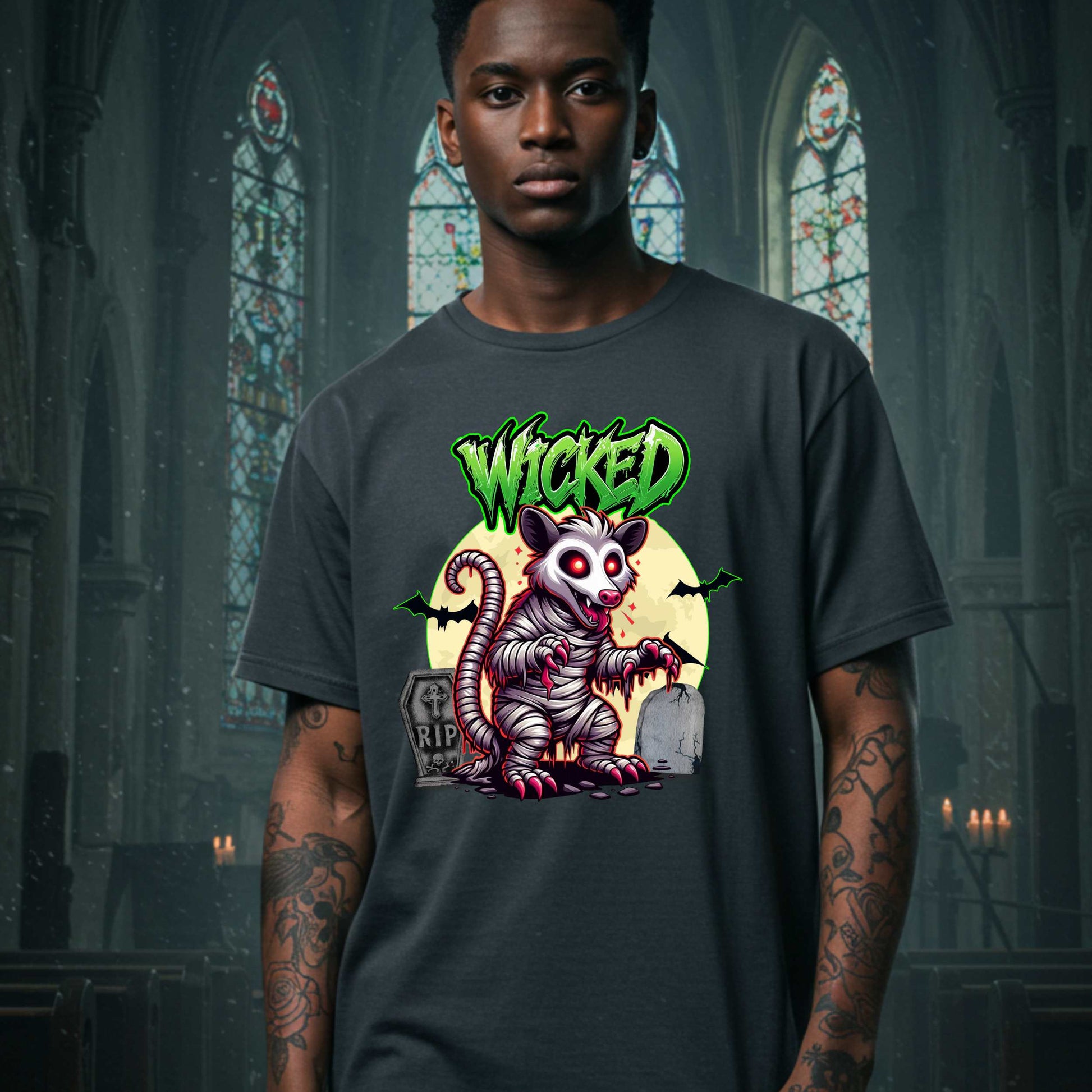This unisex Wicked Opossum tee brings the perfect mix of spooky and unhinged. Great for horror fans, goth goblins, and anyone who appreciates a lil’ chaos with their candy corn.